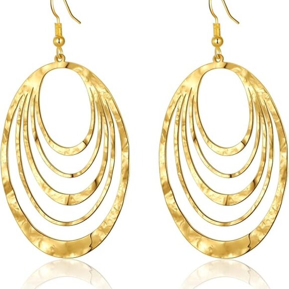 Big Gold Hollow Out Boho Geometric Hook Statement Gold Oval Dangle Earrings - Picture 6 of 6